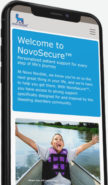 Photo of a mobile phone displaying the NovoSecure&trade; website.