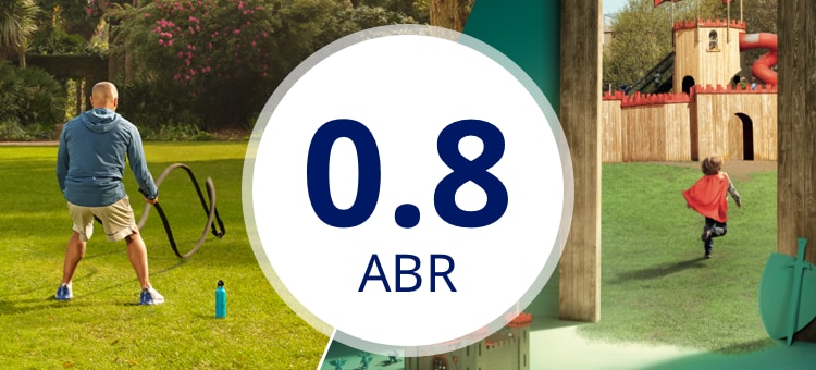 0.8 ABR with image of man exercising with ropes and image of child wearing a cape and running in the background.