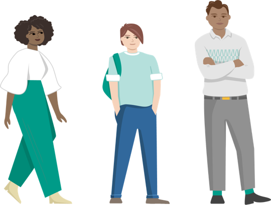 Illustration of three individuals representing the range of people who are managing hemophilia A. There is a woman, a teenager, and an older man