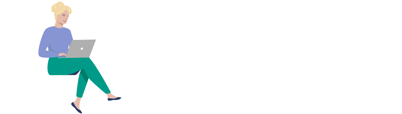 A cartoon woman sits with her laptop on her lap.