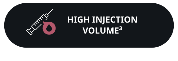 An animated syringe next to the message, 'High injection volume'