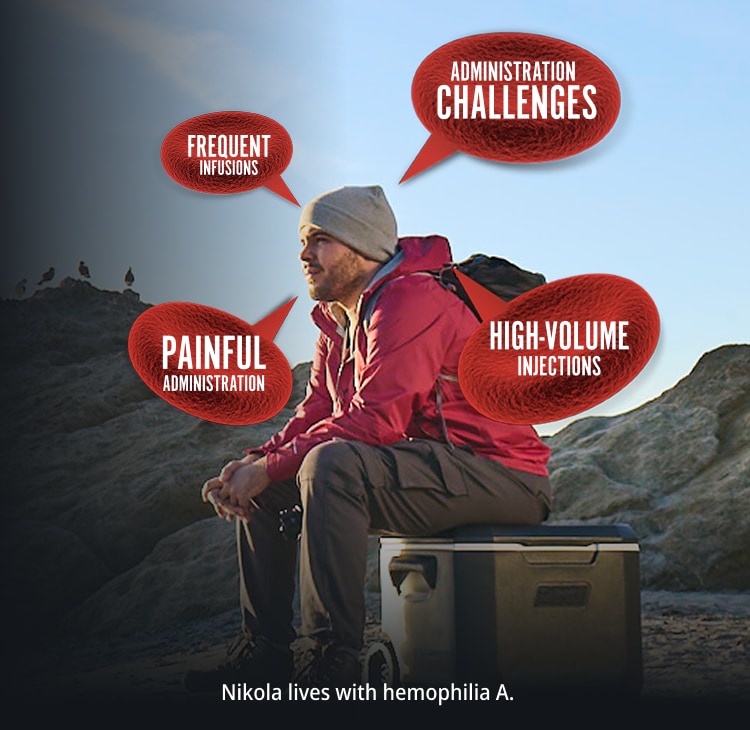 Nikola sits thoughtfully on a cooler. His treatment concerns are animated around him.