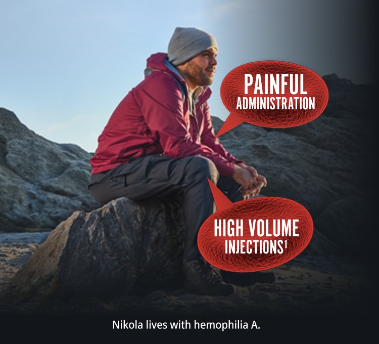 Man on rocks with speech bubbles: 'Painful administration' and 'High volume injections'