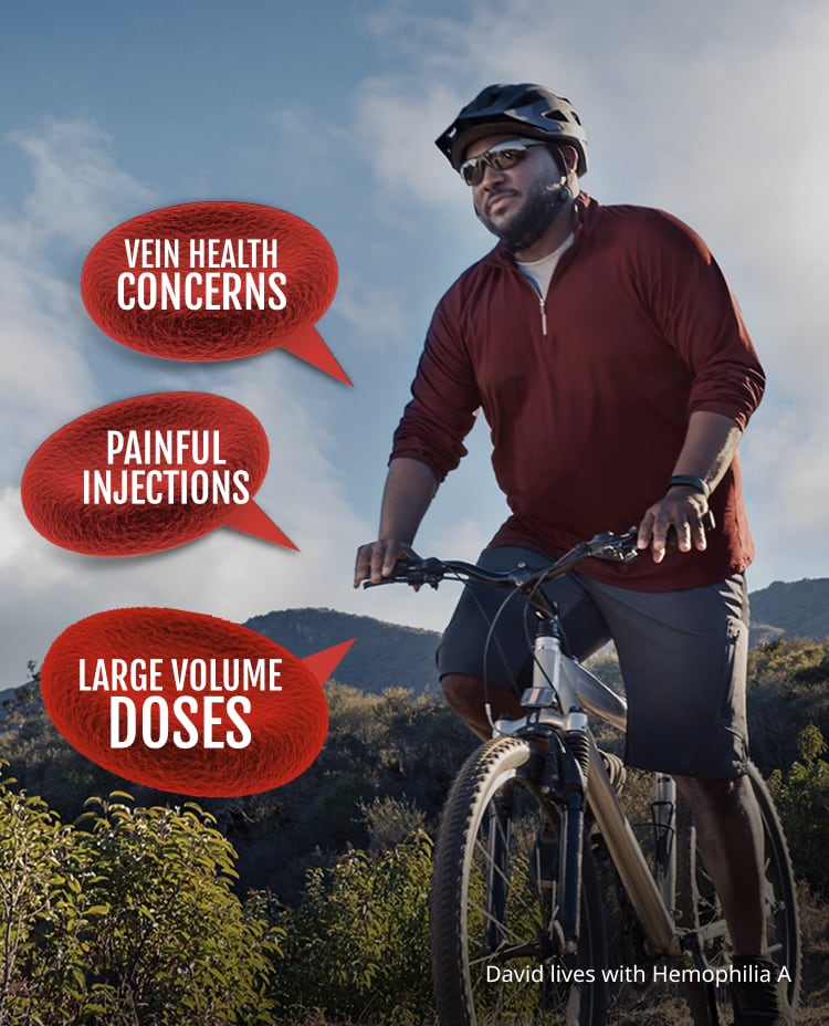 person outdoors on a bicycle with three superimposed bubbles that read ‘Vein Health Concerns,’ ‘Painful Injections,’ and ‘Large Volume Doses’