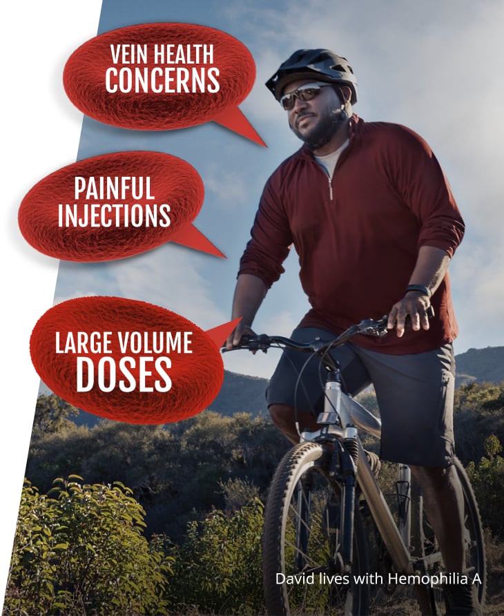 person outdoors on a bicycle with three superimposed bubbles that read ‘Vein Health Concerns,’ ‘Painful Injections,’ and ‘Large Volume Doses’