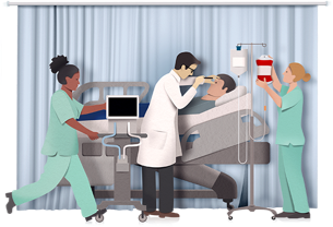 Diorama-style animated image depicting doctors and nurses treating a patient experiencing an emergent breakthrough bleed.