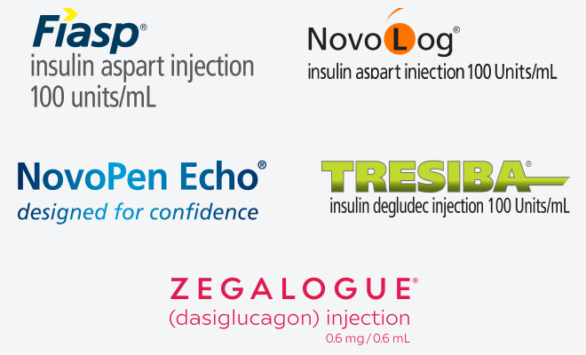 Images of the Fiasp® FlexTouch® (insulin aspart) injection 100 U/mL, Novolog® FlexPen® (insulin aspart) injection 100 U/mL, NovoPen Echo®, Tresiba® FlexTouch® (insulin degludec) injection U-100, and ZEGALOGUE® (dasiglucagon) injection 0.6 mg/0.6 mL, Autoinjector logos.