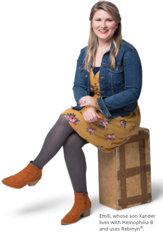 Snapshot of Emili. She is a hemophilia B advocate. Emili is sitting on a box with her legs crossed, looking at us.